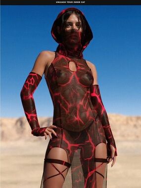 Sheer Red & Black Mesh Hooded Dress with Matching Gloves Candy Catz